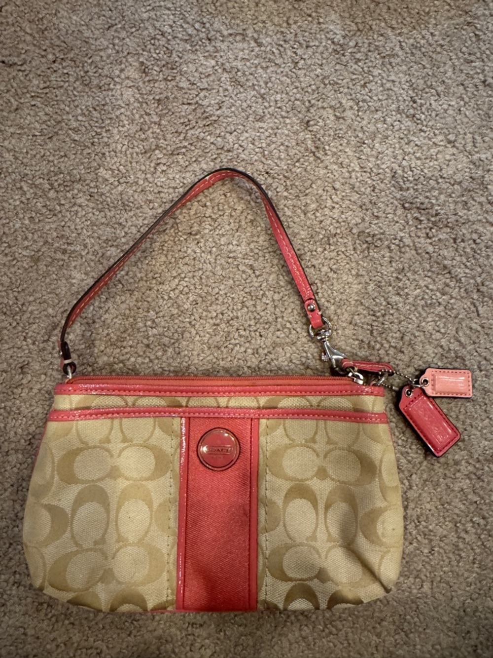 Coach Tan Signature Canvas Wristlet with Coral Trim